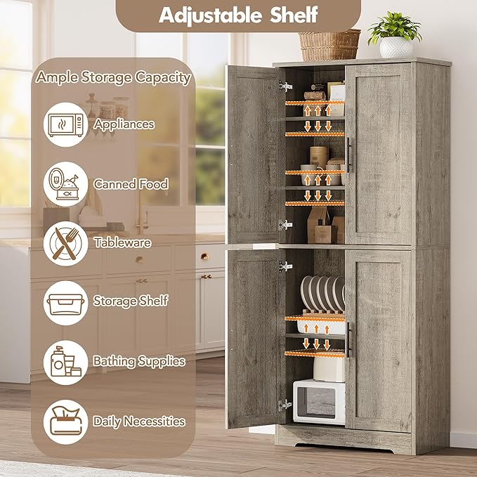 GarveeLife 70" Tall Kitchen Pantry,Farmhouse Storage Cabinet with Adjustable Shelves,Farmhouse Pantry Cabinet with 4 Barn Doors, for Kitchen,Dining Room,Living Room.(Grey)