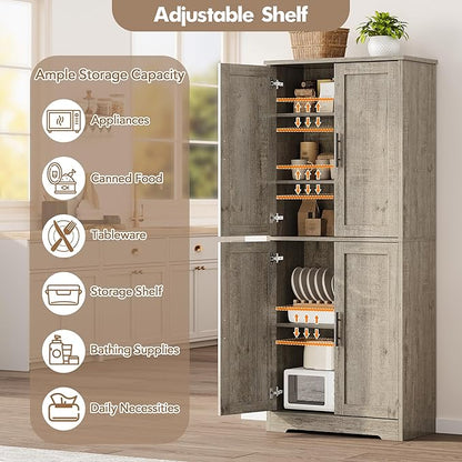 GarveeLife 70" Tall Kitchen Pantry,Farmhouse Storage Cabinet with Adjustable Shelves,Farmhouse Pantry Cabinet with 4 Barn Doors, for Kitchen,Dining Room,Living Room.(Grey)