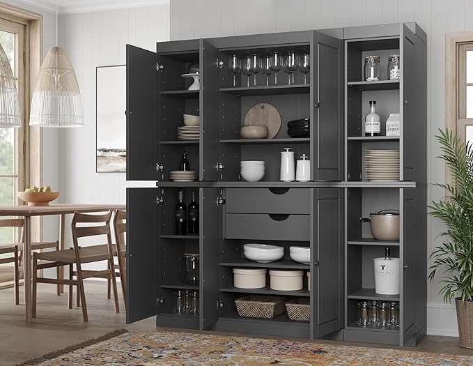 Palace Imports Solid Wood Pantry Cabinet - 71.5" Tall, 65" Wide Freestanding Cupboard Storage with 2-Drawer Kit & Adjustable Shelves – Gray, Renewable Eco-Friendly 100% Wood, Made in Brazil