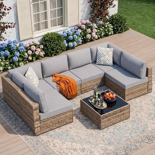 JAMFLY 7-Piece Outdoor Patio Furniture Set, Modular PE Rattan Sectional Sofa with Thick Cushions & Glass Coffee Table for Poolside, Balcony, Garden(Grey Cushion)