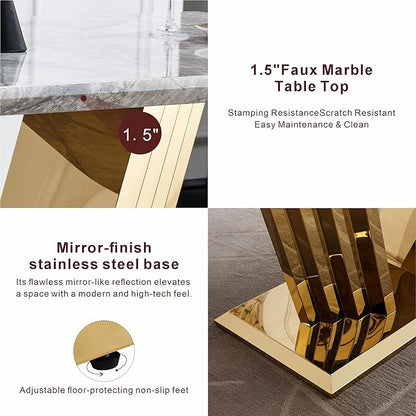 70" Marble Dining Table for 6-8, Modern Luxury Gold Rectangular Large Kitchen Table, Marble Grain MDF Tabletop & Stainless Steel Base, Dinner Furniture for Kitchen Dining Room, Meeting Room, Grey