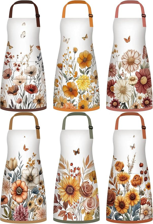 Bencailor 6 Pcs Spring Kitchen Aprons with Pockets Flower Rooster Bee Butterfly Sunflower Summer Aprons Bulk for Women(Brown,Fall)