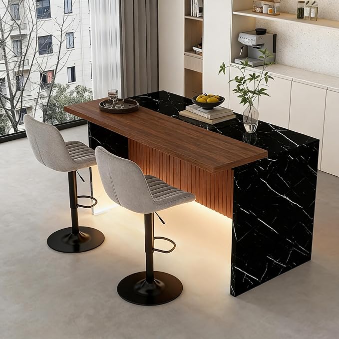 Montary 63-inch Modern Kitchen Island and Dining Table Set with 2 Swivel Stools, Marble-Look Countertop with LED Lights and Metal Grille Design, for Kitchen, Living Room,Black & Gray
