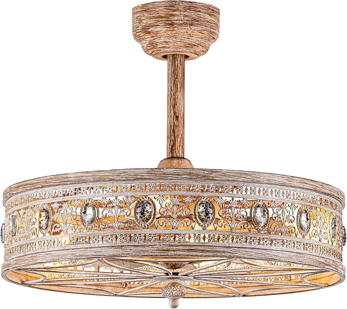 Rustic Chandelier Ceiling Fan with Light,Farmhouse Distressed Wood-Look Caged Bladeless Fandelier,Enclosed Cozy Cottage Crystal Light Fixture,Hanging/Flush Mount for Bedroom,Kitchen,Dining Room,Foyer