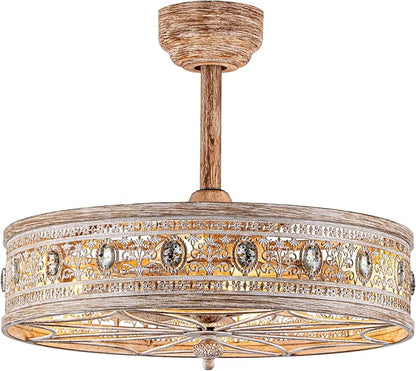 Rustic Chandelier Ceiling Fan with Light,Farmhouse Distressed Wood-Look Caged Bladeless Fandelier,Enclosed Cozy Cottage Crystal Light Fixture,Hanging/Flush Mount for Bedroom,Kitchen,Dining Room,Foyer
