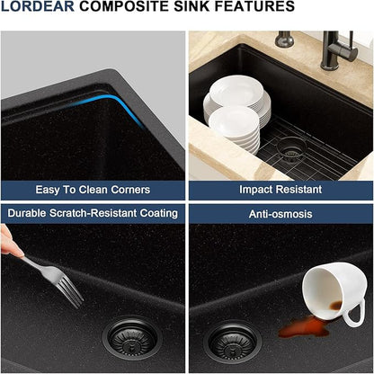 Lordear 30 Inch Black Granite Composite Kitchen Sink Workstation 30x19 Matte Black Undermount Quartz Sinks Under Counter Single Bowl Sink with Black Accessories