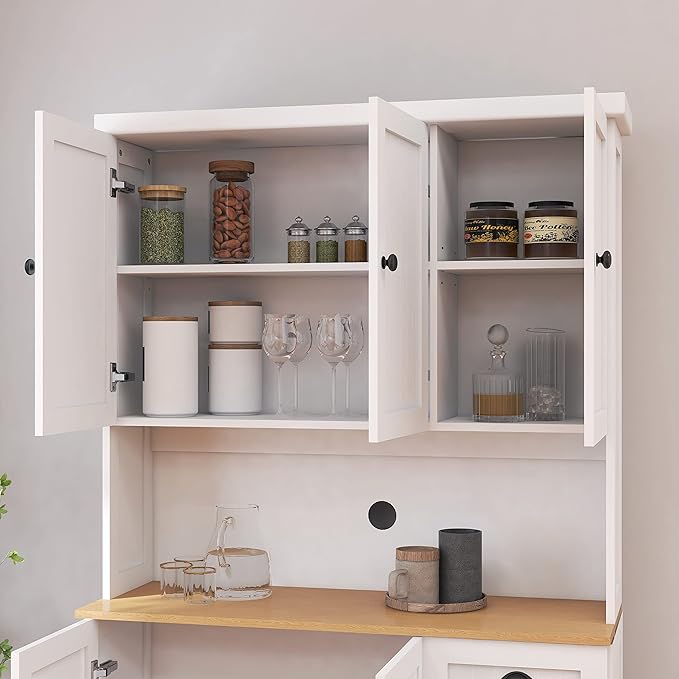 RASOO Kitchen Pantry Cabinet White 71" Freestanding Sideboard Storage Cabinet Furniture Microwave Cabinet with 6 Doors and 1 Drawer