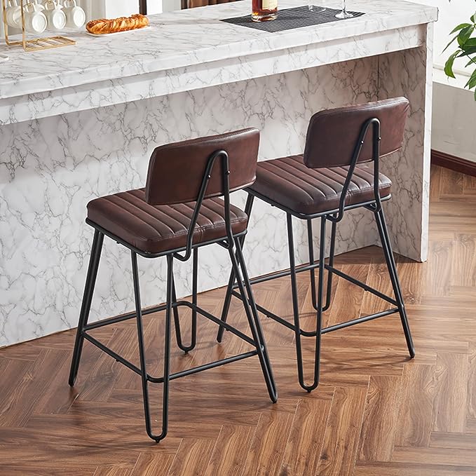 Bar Stools Set of 2, Counter Height Chairs with PU Leather Upholstery Metal Frame, Vintage Bar Chairs with Backrest Footrest for Kitchen Island, Dining Room, Home Bar, Brown