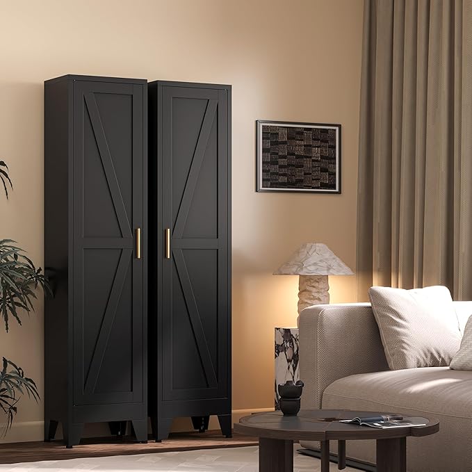 67“H Metal Narrow Kitchen Pantry Cabinet,Black Skinny Pantry Cabinet,Tall Narrow Bathroom Storage Cabinet with Adjustable Shelves,Slim and Thin Pantry Cabinets for Living Room Dining Room