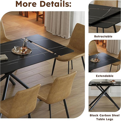 Runboll Extendable Rectangular Dining Table Set for 4, 47"-71" Modern Sintered Stone Kitchen Table with 4 Chairs and Carbon Steel Legs for Dining Room Family Gathering