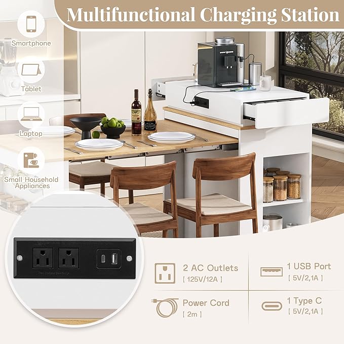 Extendable Dining Table with Folding Tabletop, Bar Table with Drawers and Power Outlet, Kitchen Island with Wheels and Hooks for Kitchen, Dining Room, Creamy White+Natural