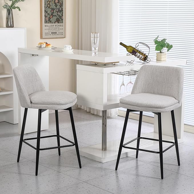 Counter Height Swivel Bar Stools Set of 2, 360° Swivel Upholstered Barstools with Back and Metal Legs, 25.6" Seat Height,Counter Stools for Kitchen Island and Pub,Linen Cloth