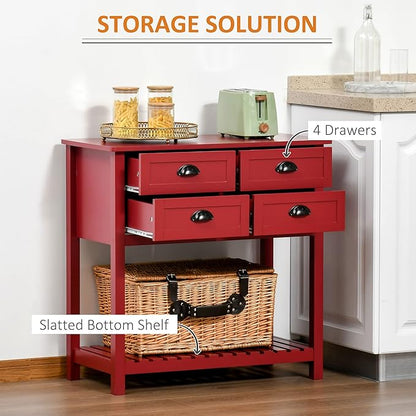 HOMCOM Sideboard Buffet Cabinet with Storage, Modern Coffee Bar Cabinet with 4 Drawers and Slatted Bottom Shelf, Console Table for Kitchen, Living Room, Dining Room, Hallway, Red