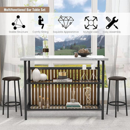 Lamerge 3 Piece Bar Table and Chairs Set,Industrial Kitchen Island Table with Storage and Seating,Faux Marble Kitchen Tables Set for 2 with Shelves,Counter Height Table Set for Small Space,White