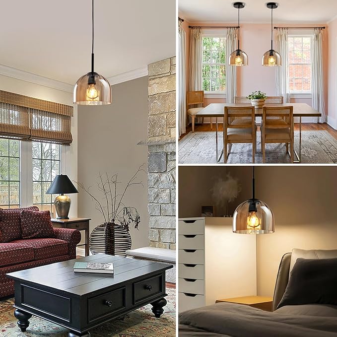 Modern Amber Glass Pendant Lights, Nordic Boho Dome Chandelier, 7.86" Bell Lamp Shape Hanging Ceiling Lighting Fixtures Kitchen Island Dining Room Table, Vintage Lampshade