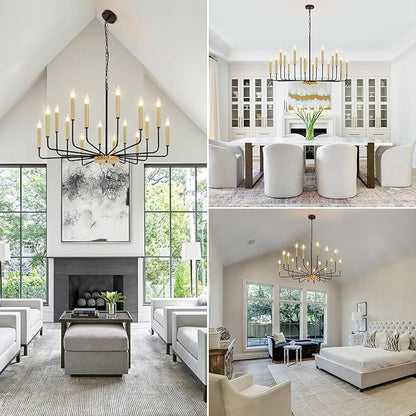 Black and Gold Chandelier, 16-Light Farmhouse Chandelier for Dining Room Lighting Fixtures Hanging, Industrial Modern Chandeliers for Dining Room Living Room Foyer Entry Staircase Kitchen