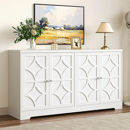 RoyalCraft Sideboard Buffet Cabinet with Storage, 56" Modern Sideboard with 4 Carved Doors and Adjustable Shelves, Large Wood Coffee Bar Console Table for Kitchen, Dining Room, Satin White