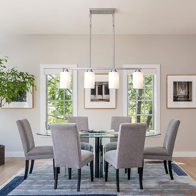 Mecgirn Island Light for Kitchen, Brushed Nickel Dining Room Light Fixture Over Table with Milk Glass Shade, 4-Light Linear Chandelier Pendant Lighting for Dining Table Kitchen Island Living Room