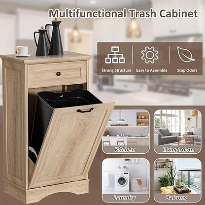 13 Gallons Tilt Out Trash Cabinet Freestanding Kitchen Trash Bin Cabinet Wood Garbage Recycling Cabinet with Hideaway Drawer Pet Proof Trash Can Holder for Kitchen Living Room, Natural