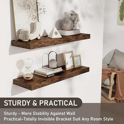 Floating Shelves for Wall - 2 Pack 30 Inch Long Rustic Wooden Display Shelves - 8 Inch Deep Wall Mounted Storage Shelf with Invisible Heavy-Duty Brackets for Books, Bathroom, Kitchen - Rustic Brown
