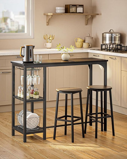 Qsun Small Bar Table Set for 2, Bar Table and Chairs Set for 2, Kitchen Table for 2 with 2 Storage Shelves & Wine Glass Holder, Dining Table for Small Apartment, Dining Room, Black