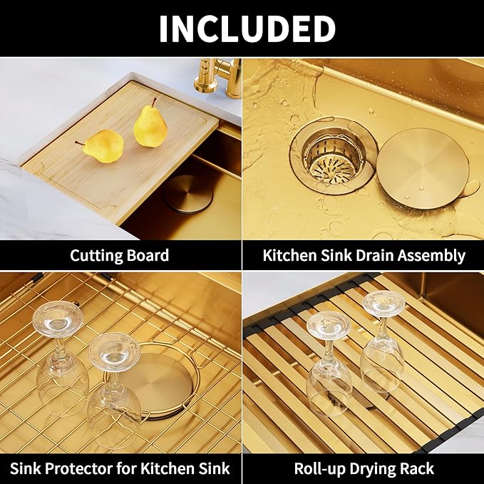 Gold Kitchen Sink Undermount 23 Inch,16 Guage Stainless Steel Workstation Sinks with Ledge & Accessories, 23" x 18" x 6" ADA-Compliant Single Bowl Small Kitchen Sink, 6 Inch Deep Gold Sink