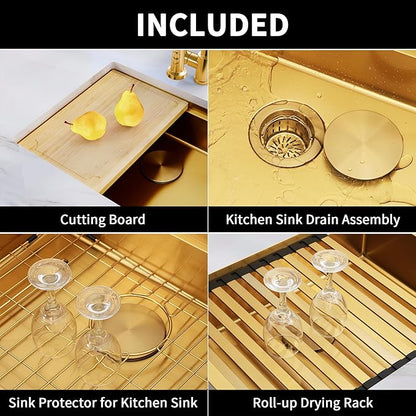 Gold Kitchen Sink Undermount 23 Inch,16 Guage Stainless Steel Workstation Sinks with Ledge & Accessories, 23" x 18" x 6" ADA-Compliant Single Bowl Small Kitchen Sink, 6 Inch Deep Gold Sink