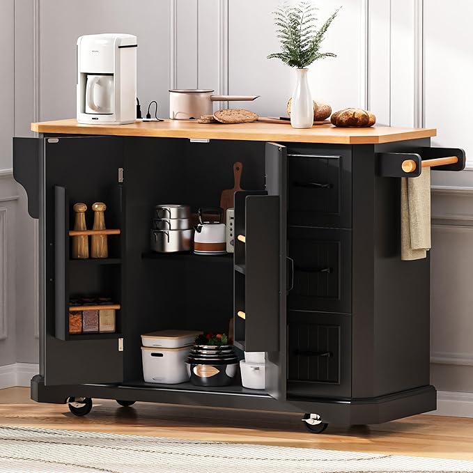 Ball & Cast 56" Large Kitchen Island with Drop Leaf and Power Outlet,Rolling Kitchen Cart on 4 Wheels W/ 6 Drawers,Folding Storage Dining Table W/Spice & Towel Rack,for Kitchen,Dining Room,Black