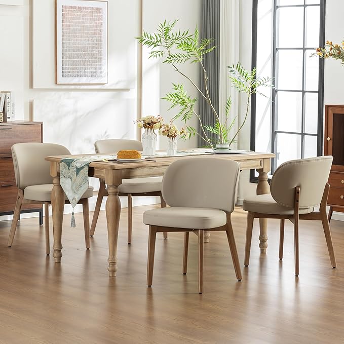 YOUNIKE Dining Chair with High Back Set of 8 Mid Century Modern Kitchen Chair Faux Leather Upholstered Armless Chair 20" Wide Padded Seat with Wooden Legs for Kitchen Dining Living Room Bedroom Khaki