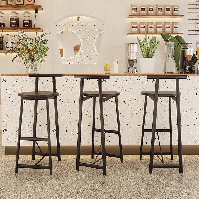 3-Piece Counter Height Bar Stool Set - Armless Back Stools for Kitchen Island (Black + MDF + Modern)