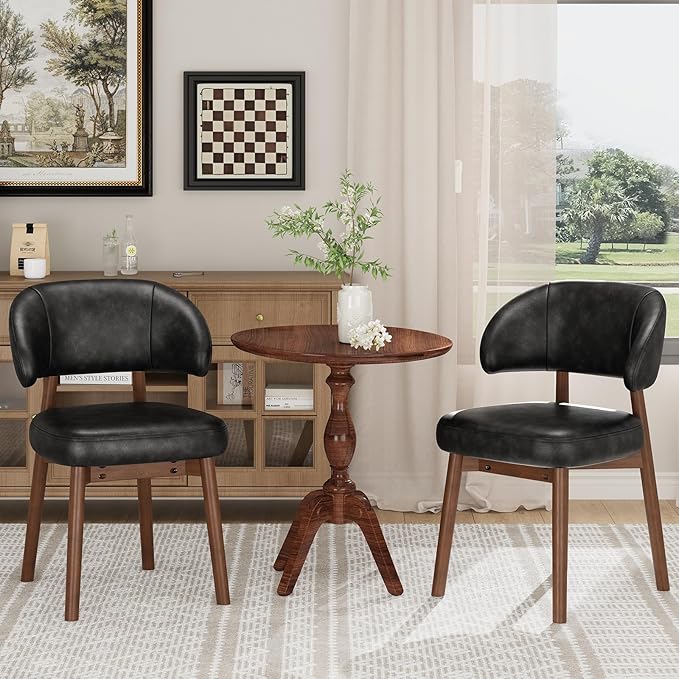 MALOL Wooden Dining Chairs Set of 4, Modern Upholstered Dining Room Chair, PU Leather Kitchen Side Chairs with Curved Open Back for Living Room/Restaurant/Cafe, Black