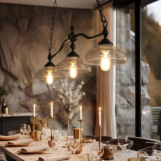 KSANA Black Farmhouse Chandelier, 3-Light Modern Linear Kitchen Island Lighting with Clear Glass Shade, Rustic Island Pendant Lights Chandeliers Light Fixture for Dining Room & Kitchen
