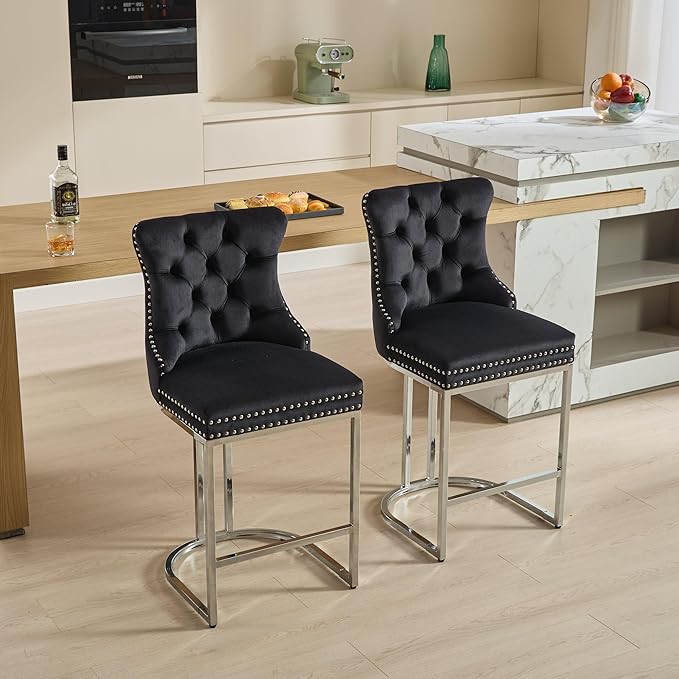 25" Counter Height Bar Stools Set of 2, Velvet Bar stools with Button BackRivet Trim Upholstered Kitchen Island Chairs with Sturdy Chromed Metal Base Legs Bar Stools, (Black,2 Pack)