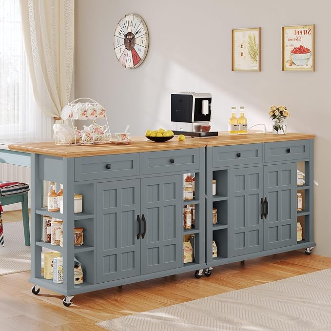 YITAHOME Kitchen Island with Drop Leaf & Power Outlet, Rolling Kitchen Cart on Wheels, Americana Kitchen Island Cabinet with Open Shelves for Kitchen Dining Room, Thicker Rubberwood Top, Grey Blue