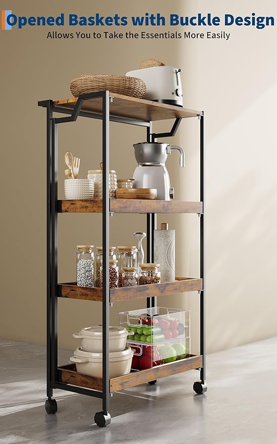 PeakPursuit Large 4-Tier Collapsible Wooden Storage Shelf – Heavy Duty 100 lbs Capacity, Locking Wheels – Space-Saving Organizer for Kitchen, Garage, Workshop, Home – No Assembly Required