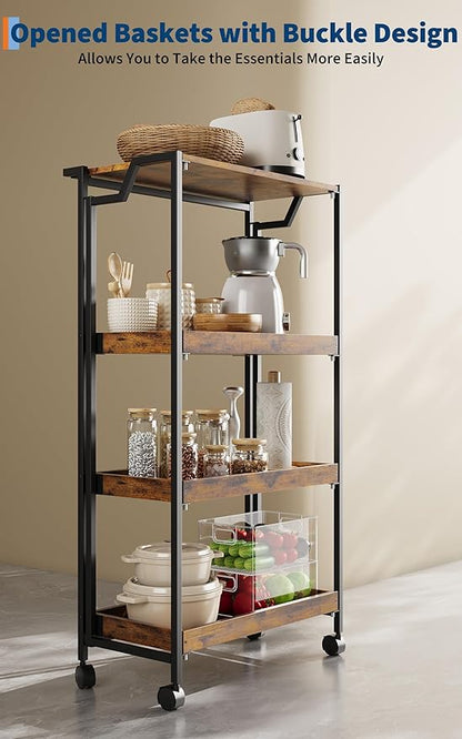 PeakPursuit Large 4-Tier Collapsible Wooden Storage Shelf – Heavy Duty 100 lbs Capacity, Locking Wheels – Space-Saving Organizer for Kitchen, Garage, Workshop, Home – No Assembly Required