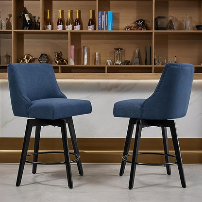 Counter Height Bar Stools Set of 6, Swivel Barstools with Backs and Wood Legs, Linen Fabric Upholstered Counter Stools for Kitchend Island, Mid-Century Modern 26" Seat Height Bar Chairs, Blue