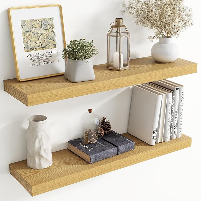 36 Inch Floating Shelves for Wall, 8 Inch Deep Floating Shelf for Storage & Display, Rustic Wall Mounted Shelf with Invisible Brackets for Living Room, Kitchen, Bathroom, Home Decor, Set of 2, Oak