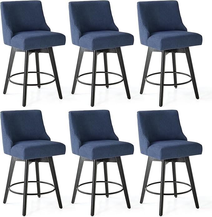 Counter Height Bar Stools Set of 6, Swivel Barstools with Backs and Wood Legs, Linen Fabric Upholstered Counter Stools for Kitchend Island, Mid-Century Modern 26" Seat Height Bar Chairs, Blue