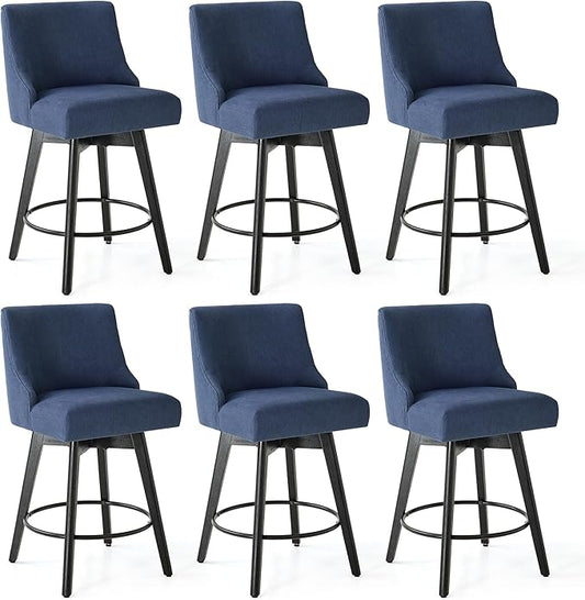 Counter Height Bar Stools Set of 6, Swivel Barstools with Backs and Wood Legs, Linen Fabric Upholstered Counter Stools for Kitchend Island, Mid-Century Modern 26" Seat Height Bar Chairs, Blue