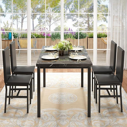 tantohom Dining Table Set for 4, 5-Piece Faux Marble Dining Set,4 Upholstered PU Chairs, Modern Kitchen Table Furniture for Dining Room, Dinette, Compact Space-Saving Faux Marble Tabletop, Black