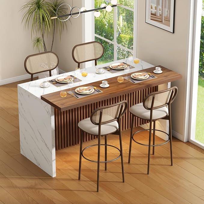 Gyfimoie 63" Large Imitation Marble Bar Table,Island Table with LED Lights,Mordern Marble Stripes Dining Table with Grille Design for Home Kitchen, Living Room, Balcony, Basement(White)
