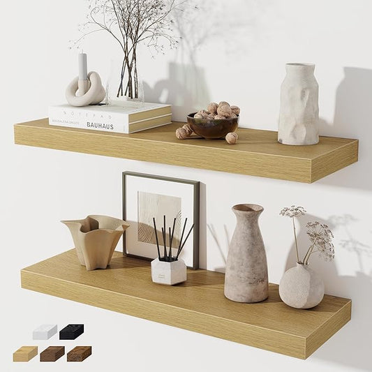 Floating Shelves for Wall, 28 Inch Floating Shelves Set of 2, Wall Mounted Rustic Wood Shelf for Bathroom, Living Room, Bedroom and Kitchen, Hanging Shelf for Storage, Books, Home Decor, Oak