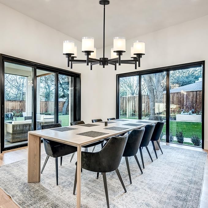 8-Light Farmhouse Chandelier for Dining Room Kitchen Island,Black Modern Pendant Lighting with White Frosted Glass Shades,Industrial Metal Hanging Ceiling Light Fixture for Bedroom Hallway