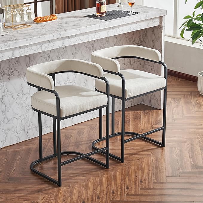 Modern Chenille Bar Stools Set of 2, Upholstered Counter Height Chairs with Metal e Armrests, Soft Chenille Fabric Bar Chairs for Kitchen Island, Dining Room, Home Bar,White