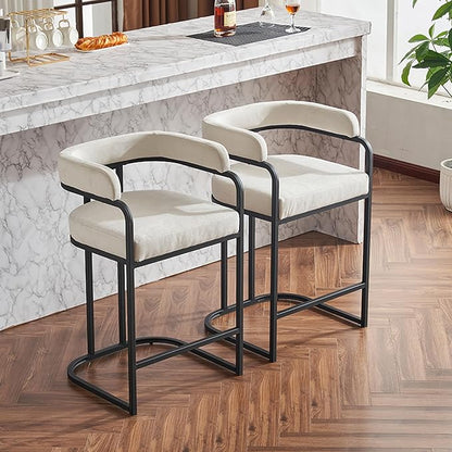 Modern Chenille Bar Stools Set of 2, Upholstered Counter Height Chairs with Metal e Armrests, Soft Chenille Fabric Bar Chairs for Kitchen Island, Dining Room, Home Bar,White PF966