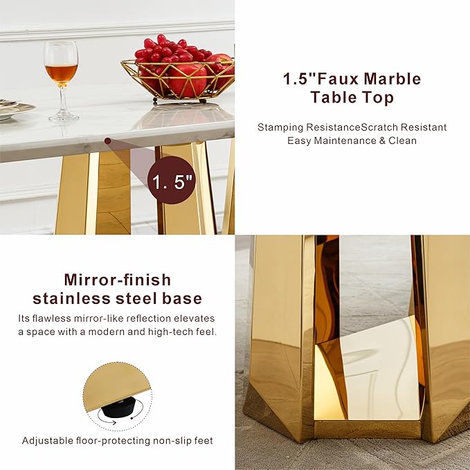 70" Marble Dining Table for 6-8, Modern Luxury Gold Rectangular Large Kitchen Table, Marble Grain MDF Tabletop & Stainless Steel Base, Dinner Furniture for Kitchen Dining Room, Meeting Room, White