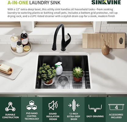 24-inch Undermount Laundry Utility Sink - SINKVINE 24x18x12 Extra Deep Black Stainless Steel Single Bowl Basin with Drain Strainer, Bottom Grid & Drying Unit for Laundry Room, Outdoor, Kitchen Use