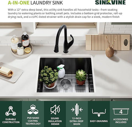 24-inch Undermount Laundry Utility Sink - SINKVINE 24x18x12 Extra Deep Black Stainless Steel Single Bowl Basin with Drain Strainer, Bottom Grid & Drying Unit for Laundry Room, Outdoor, Kitchen Use