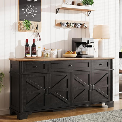 BestHaped 65 Inch Farmhouse Buffet Cabinet with Storage, Black Sideboard Buffet Cabinet with Adjustable Shelves & 3 Drawers, Buffet Table Coffee Bar Wine Bar Storage for Kitchen & Living Room